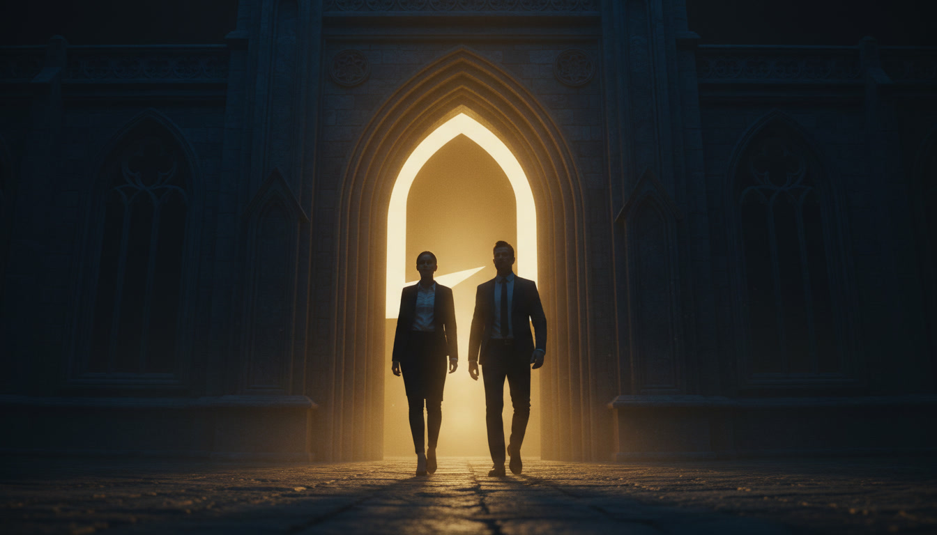 Two partners walking together out of a grand arched doorway filled with light