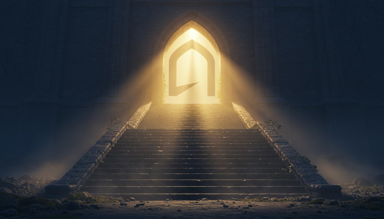 Stone steps ascending toward an arched portal filled with golden light