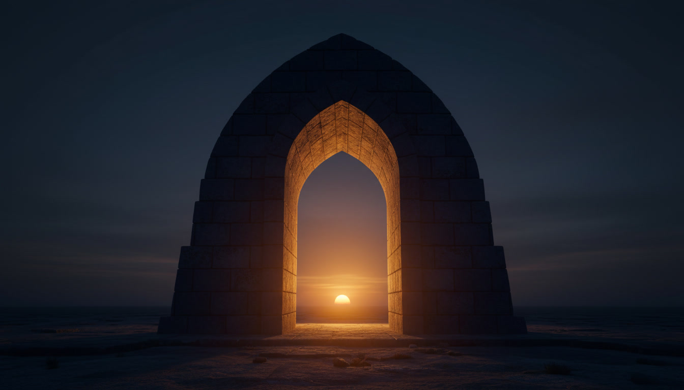 A monumental stone archway at dusk with golden light beyond the threshold
