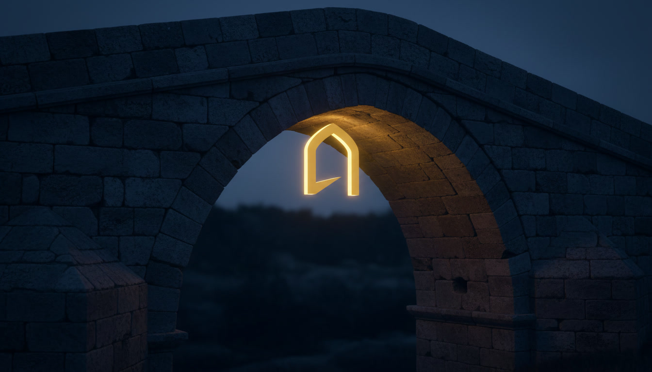 A stone arch bridge with a glowing golden keystone at its center