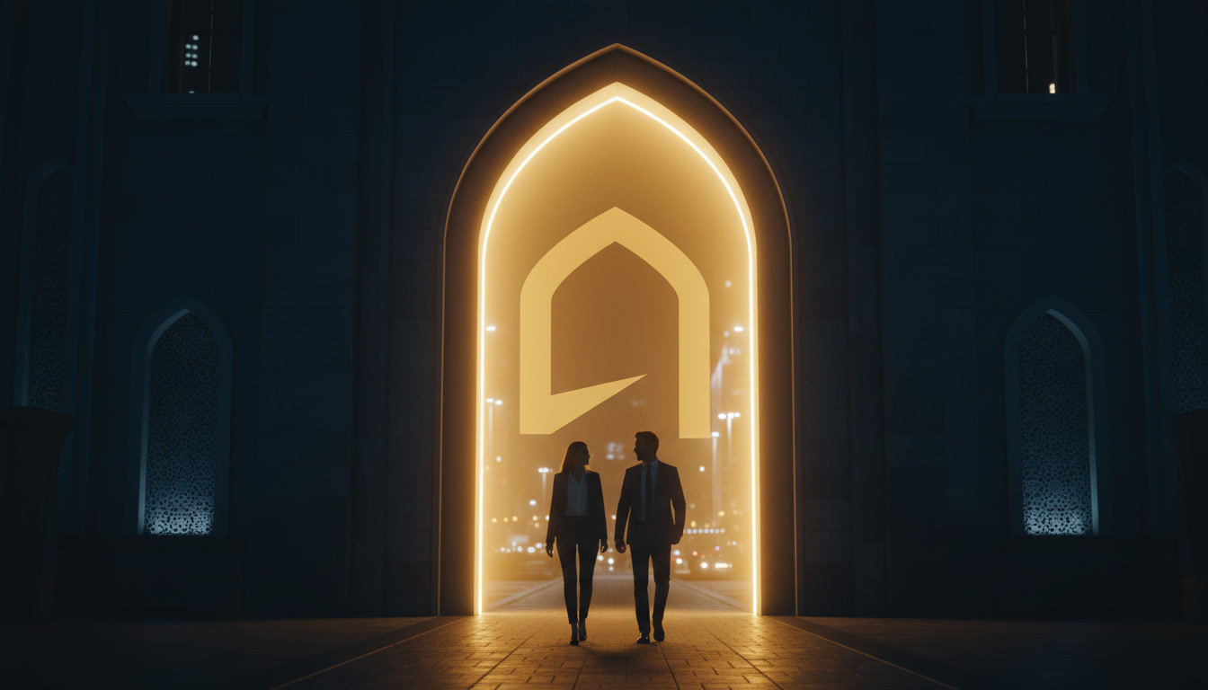 Two partners walking through a glowing gateway bearing the Threshold emblem